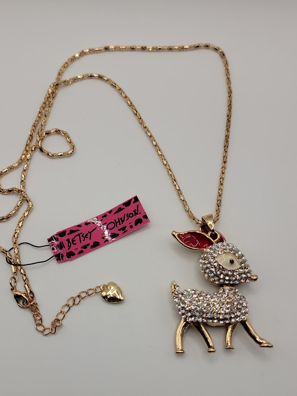 Betsey Johnson Gold Tone & Crystal Red Enamel Fawn Pendant Necklace 28" Chain
